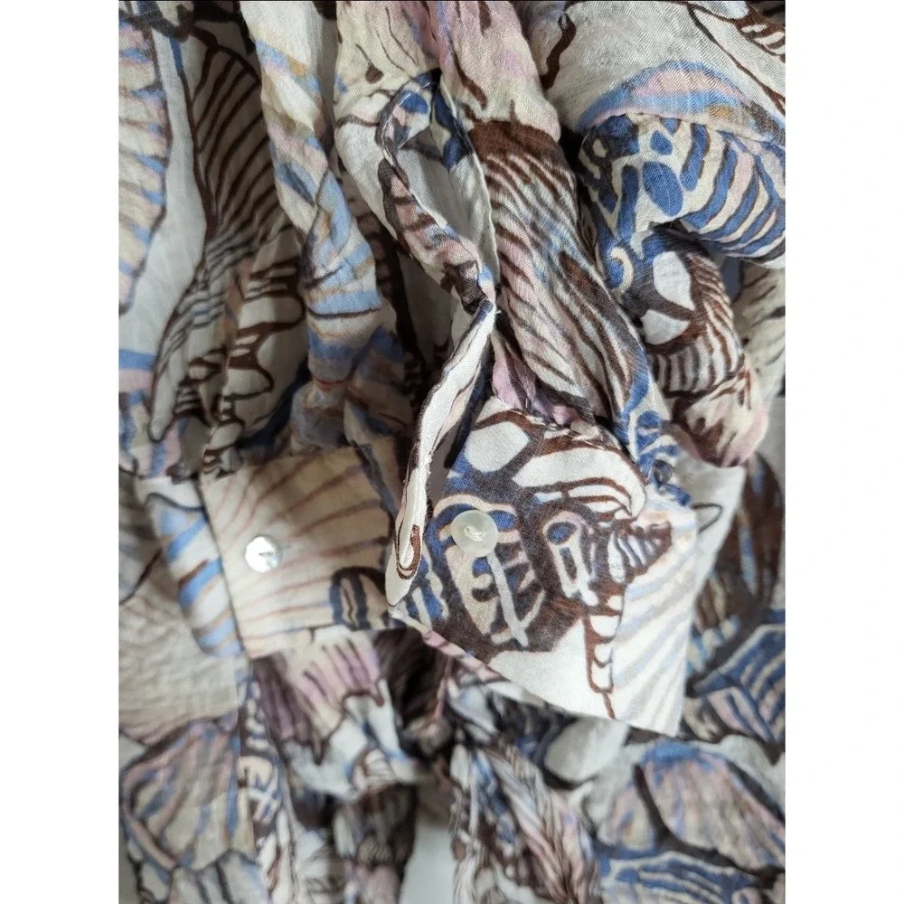 Vince Camuto Coastal Seashell Print Tie Front Blouse Blue Brown Beachy Boho 3X